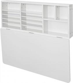 img 2 attached to White Wall-Mounted Folding Wooden Drop-Leaf Desk With Storage Shelves - Haotian FWT07-W