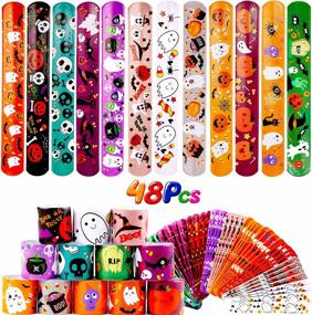 img 4 attached to VEYLIN Halloween Snap Bracelets, 48Pack Slap Bracelets Bulk With Pumpkin Ghost Spider Pattern For Halloween Party Favors