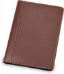 brown/tan junior size leather portfolio with contrast stitching, includes 5 inch x 8 inch writing pad by samsill logo