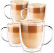 4-pack double wall glass coffee mugs with big handle, 380ml (12.9oz.), clear for latte, iced coffee or hot beverages - punpun espresso cups logo