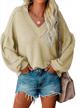 oversized waffle knit sheer v-neck tunic tops with balloon sleeves for women's casual wear: loose sweaters, sweatshirts, and blouses logo