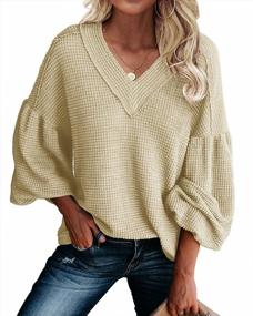 img 2 attached to Oversized Waffle Knit Sheer V-Neck Tunic Tops With Balloon Sleeves For Women'S Casual Wear: Loose Sweaters, Sweatshirts, And Blouses