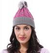 fashionable cable knit beanie with faux fuzzy fur pom pom for a warm winter look logo