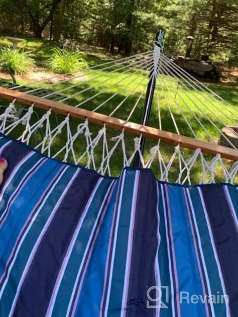 img 1 attached to SUNLAX Double Hammock: 12FT Steel Stand, Pad, Pillow For Indoor/Outdoor Use - Blue And Aqua Stripes review by Shane Bullion