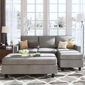 img 1 attached to Преобразуйте свое жилое пространство с HONBAY серого секционного дивана и пуфа - модульного набора Ш-образного дивана, идеально подходящего для левых или правых площадей!