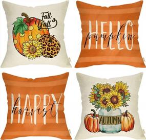 img 4 attached to Autumn Decorative Throw Pillow Cover Set Of 4: Hello Pumpkin Sunflower Stripe Polka Dot Leopard Style For Happy Harvest Porch Patio Home Decor - 18 X 18 Inches