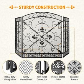 img 2 attached to WICHEMI 3-панельный экран для камина - 52,4 X 31 дюймов, пожарная защита из кованого железа с защитным ограждением для детей и крышкой для защиты от искр (стиль 3)