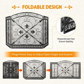 img 3 attached to WICHEMI 3 Panel Fireplace Screen - 52.4 X 31 Inch Wrought Iron Fireguard With Baby Safety Fence And Spark Guard Cover (Style 3)