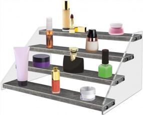 img 1 attached to Rustic Gray Homode Wooden Display Stand: 4 Tier Cupcake Stand, Table Display Shelf For Craft Shows, Acrylic Step Risers For Collectibles, Pop Figures, And Perfume Organizer