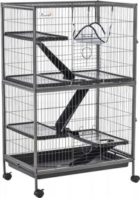 img 4 attached to PawHut 50" H Rolling Small Animal Cage With 4 Doors, Removable Tray, Hammock For Ferrets Chinchillas Sugar Gliders