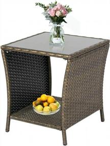img 4 attached to KINTNESS Wicker Rattan Side Table Outdoor End Table Patio Courtyard Coffee Bistro Glass Table With Storage