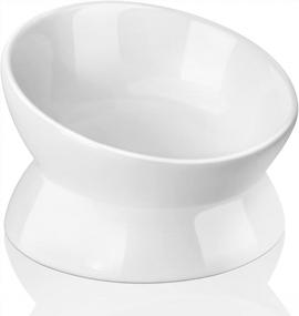 img 4 attached to Elevated Ceramic Cat Food Bowl With Tilted Design For Neck And Spine Protection - Anti-Vomiting, Small Dog And Kitten Supplies - Pure White, 5 Inches