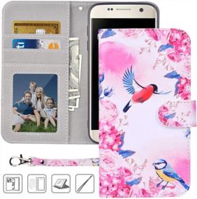 img 4 attached to Premium PU Leather Flip Folio Case Cover W/ Wrist Strap, Card Holder & Kickstand For Samsung Galaxy S7 5.1 Inch - Birds Love Flowers Design