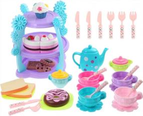 img 4 attached to 35-Piece Kids Tea Set - Perfect For Pretend Play Tea Parties With Boys & Girls | Includes Full Tea Set, Pastries, Cake Stand & More!