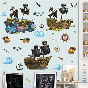 img 1 attached to 🏴 Underwater Theme 3D Pirate Ship Wall Decals with Shipwreck, Fish, Jewelry, Seaweed, Coral, Pearl, Waves, and Sea View - DIY Removable Wall Stickers for Kids Boys Bedroom, Nursery, Playroom - DT-4943