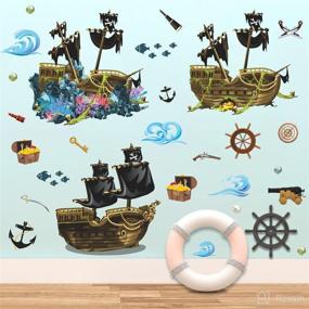 img 2 attached to 🏴 Underwater Theme 3D Pirate Ship Wall Decals with Shipwreck, Fish, Jewelry, Seaweed, Coral, Pearl, Waves, and Sea View - DIY Removable Wall Stickers for Kids Boys Bedroom, Nursery, Playroom - DT-4943