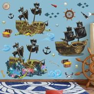 🏴 underwater theme 3d pirate ship wall decals with shipwreck, fish, jewelry, seaweed, coral, pearl, waves, and sea view - diy removable wall stickers for kids boys bedroom, nursery, playroom - dt-4943 logo