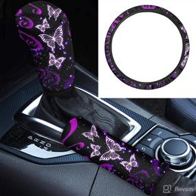 img 4 attached to 🦋 Biyejit Galaxy Purple Butterfly Car Steering Wheel Cover + Shift Knob Cover + Handbrake Cover - Stretch-on Fabric for Anti-Slip and Sweat Absorption (14-15 Inch)