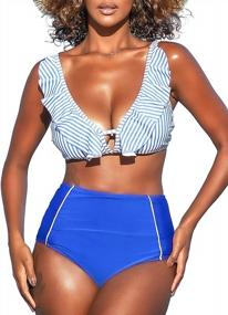 img 4 attached to Fashionable And Flattering: SouqFone Women'S High Waisted Bikini Swimsuits With V Neck, Ruffle Detailing, And Two Piece Design