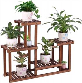 img 4 attached to Pine Wood Multi-Tiered Plant Stand For Indoor And Outdoor Use - Elegant Flower Shelf Rack For Gardens, Balconies, Patios, And Living Rooms (4 Tiers)