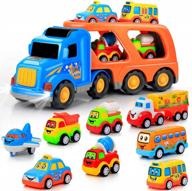 9-piece car toy set for 2-5 year olds - big carrier truck, 8 cartoon pull back cars, colorful assorted vehicles, sound & light transport truck – best gift for boys & girls! logo