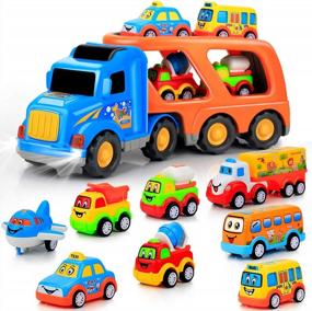 img 4 attached to 9-Piece Car Toy Set For 2-5 Year Olds - Big Carrier Truck, 8 Cartoon Pull Back Cars, Colorful Assorted Vehicles, Sound & Light Transport Truck – Best Gift For Boys & Girls!