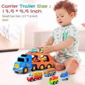 img 3 attached to 9-Piece Car Toy Set For 2-5 Year Olds - Big Carrier Truck, 8 Cartoon Pull Back Cars, Colorful Assorted Vehicles, Sound & Light Transport Truck – Best Gift For Boys & Girls!