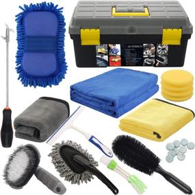img 4 attached to 🚗 AUTODECO 25-Piece Microfiber Car Wash Cleaning Kit: Gloves, Towels, Applicator Pads, Sponge, Wheel Brush, Car Care Set with Storage Box - Black, Grey, Yellow Handle