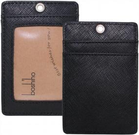 img 1 attached to Boshiho Vertical Style Leather ID Card Badge Holder With Keychain Lanyard (Black With Keychain)