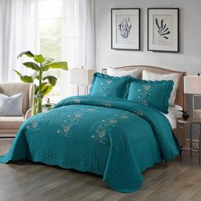img 3 attached to King Size Teal MarCielo 3 Piece Lightweight Microfiber Embroidered Bedspread Quilt Set - Lapaz.