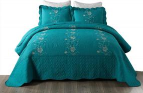 img 4 attached to King Size Teal MarCielo 3 Piece Lightweight Microfiber Embroidered Bedspread Quilt Set - Lapaz.