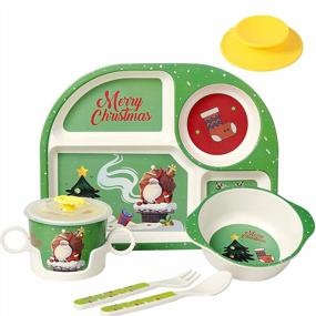 img 4 attached to Shopwithgreen 7Pcs/Set Bamboo Kids Dinnerware Set - Children Dishes - Food Plate Bowl Cup Spoon Fork Set Dishware, Cartoon Tableware, Dishwasher Safe Kids Healthy Mealtime, BPA Free, Christmas