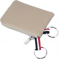 leather coin purse wallet with dual keyrings, mini change pouch card holder for men women - light khaki standard size logo