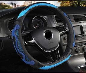 img 3 attached to 🔵 D Cut Steering Wheel Cover - Microfiber Leather, Flat Bottom, 14.5"-15", Anti-Skid, Breathable, Blue