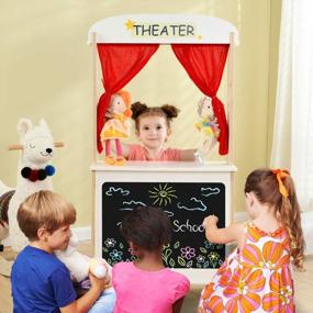img 3 attached to Labebe Wooden Puppet Theater With Flannel Curtains, 2-Sided Tabletop Stage With Chalkboard And Reversible Play Store For Kids 3+ - Multi-Functional Puppet Theater