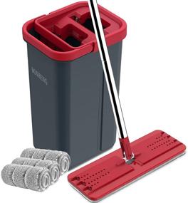 img 4 attached to 🧹 BOSHENG Hands-Free Flat Floor Mop and Bucket Set | Wet & Dry Use | 3 Washable Microfiber Pads Included | Home Floor Cleaning System in Black and Red