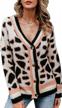 leopard print knit cardigan sweater for women - v neck, long sleeve, button down logo