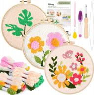 3 set punch needle embroidery starter kit - includes instruction, fabric with pattern, yarns & hoops for rug-punch & pinch needles! logo