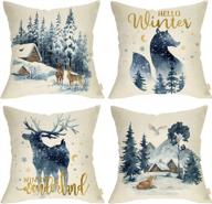 fjfz hello winter wonderland reindeer fox decorative throw pillow covers 18 x 18 set of 4, forest deer owl animal snow outdoor porch patio home decor, blue watercolor tree mountain sofa cushion case logo