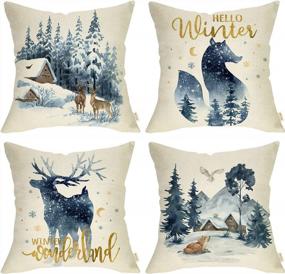 img 4 attached to Fjfz Hello Winter Wonderland Reindeer Fox Decorative Throw Pillow Covers 18 X 18 Set Of 4, Forest Deer Owl Animal Snow Outdoor Porch Patio Home Decor, Blue Watercolor Tree Mountain Sofa Cushion Case