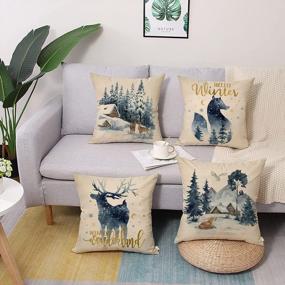 img 1 attached to Fjfz Hello Winter Wonderland Reindeer Fox Decorative Throw Pillow Covers 18 X 18 Set Of 4, Forest Deer Owl Animal Snow Outdoor Porch Patio Home Decor, Blue Watercolor Tree Mountain Sofa Cushion Case