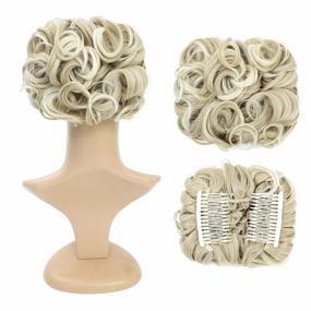 img 4 attached to Beige/Blonde Mixed 24T613# Short Messy Curly Dish Hair Bun Extension By SWACC - Easy Stretch Combs Clip In Ponytail Scrunchie Chignon Tray Hairpieces