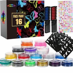 img 4 attached to Mosaiz Face Makeup And Paint Kit With 16 Colors, 2 Metallic Shades, 3 Brushes, 100 Stencils, And 2 Hair Chalks - Perfect For Halloween, Purim, And Kids Parties