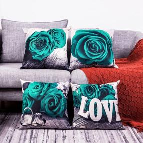 img 4 attached to Cozy Green Rose Pattern Pillow Covers For Farmhouse Decor - 4 Pack 18X18 Inch Cotton Linen Square Cushion Cases For Living Room And Outdoor Spaces