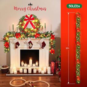 img 3 attached to 9FT Christmas Garland With Poinsettia And Lights, Pine Cones, Berry Clusters, Timer 8 Mode Artificial Xmas Decorations For Door, Mantle, Fireplace, Window, Stairs Holiday