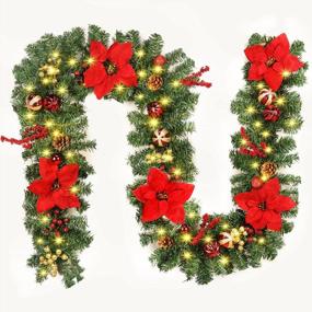 img 4 attached to 9FT Christmas Garland With Poinsettia And Lights, Pine Cones, Berry Clusters, Timer 8 Mode Artificial Xmas Decorations For Door, Mantle, Fireplace, Window, Stairs Holiday