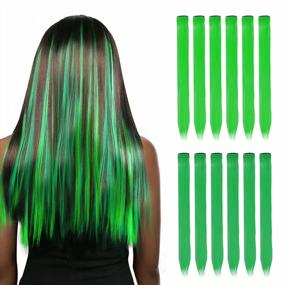 img 4 attached to St. Patrick'S Day Green Hair Extensions Set - 12Pcs Synthetic Hairpieces For Girls And Women, 20-Inch Party Highlights