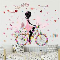 🌸 colorful loving hearts flowers & butterflies girl riding bicycle butterfly wall decal - peel and stick removable flower fairy wall stickers mural for girls nursery bedroom living room логотип