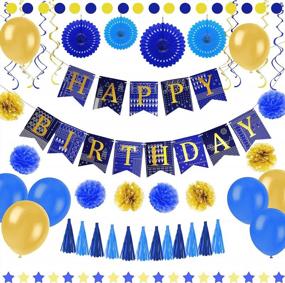 img 4 attached to 🎉 Enfy 55-частый голубой и золотой набор для декорации дня рождения: бумажные веера, воздушные шары, гирлянда и многое другое для незабываемых праздников.