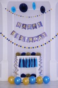 img 2 attached to 🎉 Enfy 55-частый голубой и золотой набор для декорации дня рождения: бумажные веера, воздушные шары, гирлянда и многое другое для незабываемых праздников.
